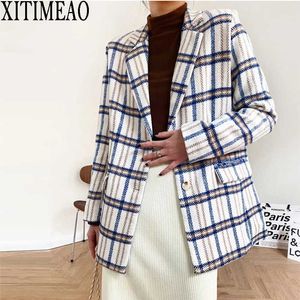 Xitimeao Kvinnor Casual Woolen Coat Blazer Office Lady Plaid Slim Suit Coat Single Breasted Tjockning Ladies Blazers 210930