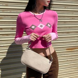 Heyoungirl Argyle Pink Pot y2k Crop Top T Shirt Kobiety Casual Bawełna Z Długim Rękawem Koszulka Damska Patchwork Moda Koszula Y0629