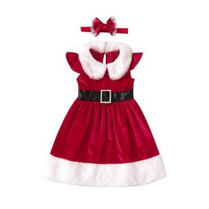 2Pcs Baby Girls Christmas Dress Kids Party Clothes Flannel Sleeveless A Line Dresses +Headband Princess Costume Xmas Outfits G1026