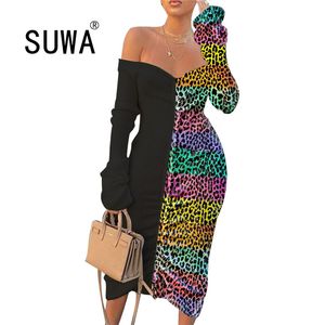 Autumn Sexy Club Night Party Women Leopard Print Patchwork Off Shoulder Long Sleeve Knitted Bodycon Midi Dress Vestidos 210525