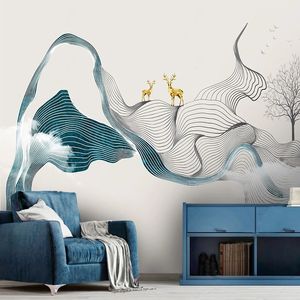 カスタム壁画の壁紙中国風3D抽象的なインクラインの煙の風景芸術的な概念エルクの背景壁絵画壁画