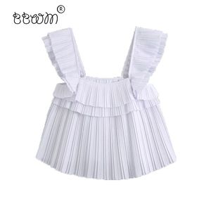 Women Fashion White Pleated Strap Cropped Blouses Vintage Square Collar Sleeveless Short Shirts Female Chic Tops 210520