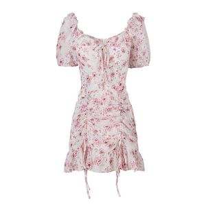 PERHAPS U Women Pink Floral Print V-neck Ruffle Empire Ruched Drawstring Short Sleeve Mini Cherry Blossoms Dress Summer D2631 210529