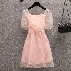 Mode Sommer Frauen Süße Quadrat Kragen Blumen Rosa Chiffon Kleid Schlank Puff Sleeve Mädchen Lace Up Mini Kleider Plus größe 210518