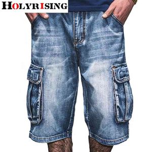 Holyrising Summer Jeans男性が苦しんでいるJean Pocketsストリートウェアジッパー男子猫の長さブルーデニムズボンPlus Szie 30-46 210723