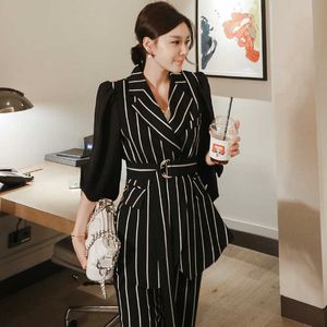 Striped Pant Suit Set Women Two Piece Puff Sleeve Blazer Top Byxor Kvinnlig Mode Sexig Outfit Office Lady Work Wear 210529