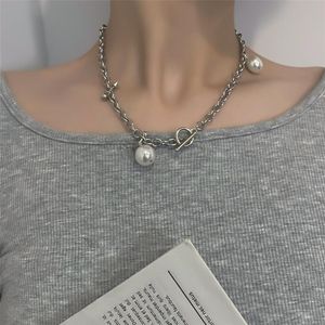 Vintage Titanium Steel Pearl Pendant Necklace for Women Girl Chunky Chain Choker Statement smyckesgåva 2021 Chokers