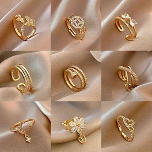 Очаровательные 14K Real Gold Двойное кольцо, открывающие кольца для женщин Регулируемый дизайн красивые ювелирные изделия блестящие aaa Zircon Party подарки новых G1125