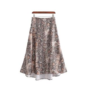 Vintage Woman Snake Drukuj Side Slit Skirt Spódnica Wiosna Jesień Moda Damska A-Line S Kobieta Elegancki Soft Botton 210515