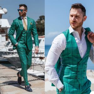 Grön Plaid Groom Mens Tuxedos Slim Fit Peaked Lapel Business Wedding Blazer Passar Formell Prom Party Wear (Jacket + Vest + Byxor)