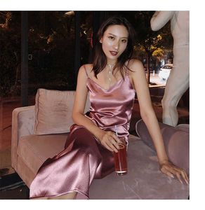 Ladies Satin Dress Sexy Club Spaghetti Strap Backless Slip Slit Red Midi Party Evening Special Occasion Dresses Vestidos 210608