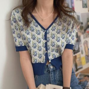 Kvinnors T-shirt Kvinnor Blommor Tryckt Ruffle Kortärmad Crop Top Kvinna Tee Toppar Sommar Streetwear