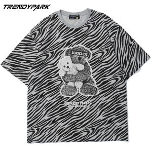 T-shirt da uomo Zebra Stripe Bear Stampato Summer Manica Corta Hip Hop Oversize Cotton Casual Casual Harajuku Streetwear Top Tee Tshirts 210601