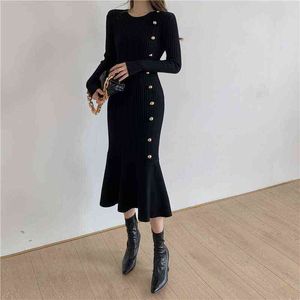 Elegantes Kleid Frau Party Nacht Herbst Winter Gestrickte Pullover Rüschen Bodycon Lange Kleider Koreanischen Stil Pullover Kleid Mode 2021 G1214