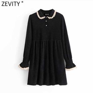 Zevity Women Sweet Lace Ruffles Black Chenille Mini Dress Femme Turn Down Collar Buttons Vestido Chic Party Clothing DS4915 210603