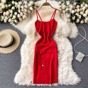 Summer Fashion Women Knit Sleeveless Slim Stretch Knee Length Bodycon Dress Elegant Ladies Buttons Split Party 210603