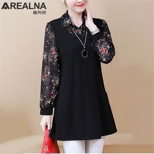 Kimono Casual Long Sleeve Floral Chiffon Patchwork Women's Shirts Plus Size Streetwear Blus Fake Two Pieces Tops BlusaS Mujer 210317