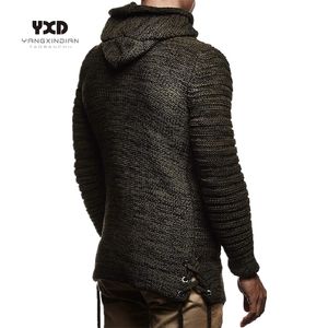 Men Clothes Casual Coat Beige Striped Spliced Knitted Cardigan Man Full Zip Mens Sweaters Warm Winter Hooded Mans Sweater Male 210818