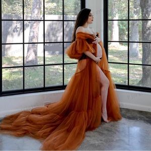 Dark Orange Puffy Sleeve Sheer Tulle Maternity Dresses Ruffles Tiered Long Femme Robe Grossesse Shooting Po De Mariée Casual