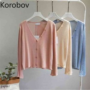 Korobov New Arrival Flare Sleeve V Neck Women Cardigans Vintage Hollow Out Single Breasted Sweater Summer Thin Sueter Mujer 210430