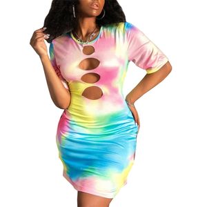 Mulheres Vestidos Verão Recomendar Estilo Tie Tye Lado Oco Out T-shirt Top Casual Feriado Sundress 210525