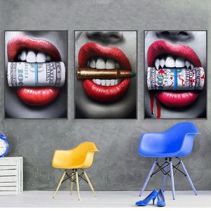 Arte de parede sexy lábios vermelhos morder bala e dinheiro pinturas em tela modernas para sala de estar pôsteres para decoração de casa