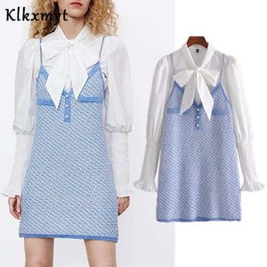 KLKXMYT VESTIDOS DE FIESTA NOCHE Англия стиль моды сращивание двух PCS набор повседневных весенних вечеринок Mini ZA платье женщины 210527