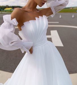 Elegant White Wedding Gowns A Line Ruffles Starpless Backless Puffy Sleeves Detachable Bridal Dresses Robe De Mari e