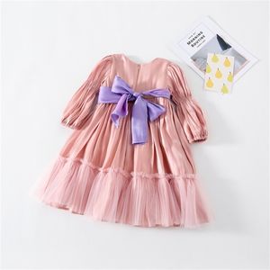 Spring girls big bowknot party dress fashion birthday mesh patchwork princess formal dresses 210508