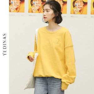 Yedinas Korean Cotton Print Sweatshirt Women Female Tops Long Sleeve O Neck Solid Letter Hoody Ladies Preppy Style Winter 210527