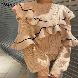 Neploe New Panelled Cascading Ruffle Knitted Pullovers Autumn Winter O-neck Loose Coat Sweet Twist Patchwork Women Sweater 210423