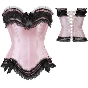 Bustiers & Corsets Pink Black Sexy Overbust Corset Women Lace Trim Tops Boned Up Bustier Body Shapewear Waist Trainer Corselet