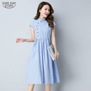 Vintage Cotton And Hemp Striped Short Sleeve Women Dress Summer Green Apricot blue Casual Loose Mid-Calf Lady 4960 50 210510