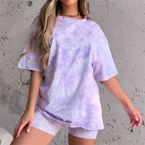 Fashion Tie-Dye Gradient Lös fritid T-shirt Små kläder Två Piece Suit Playsuits Casual Jumpsuit Kvinnor Overaller för 210508