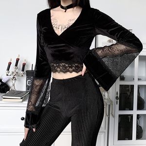 Goth Seksi Kadınlar Gotik Kırpma Üst Flare Uzun Kollu Dantel Siyah T-shirt Retro Bodycon Kadın V Yaka Zarif # T3G Kadınlar