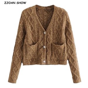 Spring Vintage Twist Striped Knitted Cardigan Retro Ugly Sweater Woman Single-breast Diamond Buttons Long sleeve Short Jumper 210429