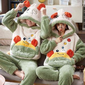 Couples Pajamas Sets Women Men Winter Thicken Pyjamas Sleepwear Cartoon Dinosaur Korean Lovers Homewear SoftWarm Pijama Hoodies 21296Z