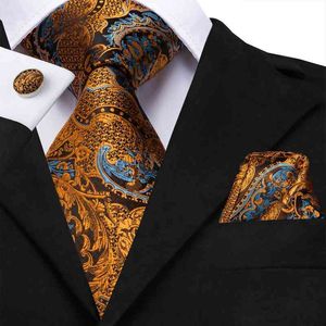 Hi-Tie 100% Silk Luxury Mens Floral Black Gold Ties Paisley NeckTie Pocket Square Cufflinks Set Men's Wedding Party Tie
