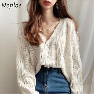 Neploe V-Neck Long Sleeve Sweater Coat Women Autumn Hollow Out Cardigan Loose Knitted Cardigans Solid Casual Tops 1E802 210423