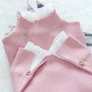 Korean Fashion Patchwork Warm Sweater Women Elegant Long Sleeve Slim Turtleneck Knitted Shirt Chic Net Yarn Ruffle Pullover Top 211215