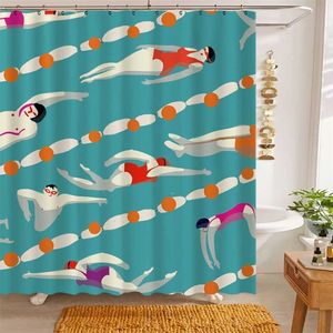 水泳のテーマシャワーカーテン漫画の印刷仕切りぶら下がっている貯水用耐水性布地バスルームの装飾211116