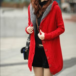 Inverno com capuz cardigan camisola feminina vermelho branco casaco grosso quente sueter mujer manga longa feminino malha outwear tamanho xl