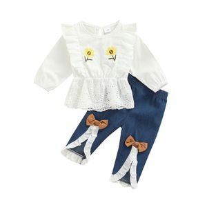 Kleidung Sets 2022 3-24M Süße Kinder Mädchen Sonnenblume Stickerei Rüschen Schulter Spitze Langarm Top + Schleifen schlitz Denim Hosen Frühling 2 stücke