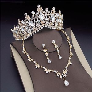 Gelin Kristal Takı Seti toptan satış-Küpe Kolye Barok Kristal Altın Gelin Takı Setleri Kadınlar Için Moda Tiaras Kolye Set Taç Düğün Jewellry