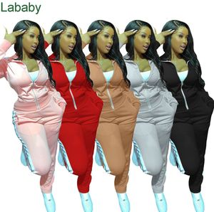 Женщины Scestsuits Двухструктура набор дизайнерские наряды на молнии Куртка сплошной цветовой сращивание ленты сшивание Леггинсы Женские Спортивная одежда 5 Цвета