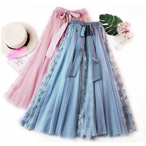 Skirts Ball Gown Skirt Woman Mesh Lace Patchwork Elastic Waist Bow Elegant High Quality Solid Summer Harajuku Korea Long Chic