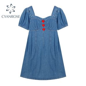 Summer Women Vintage Niebieski Dżinsowy Dress Elegancki Krótki Rękaw Puff Thacless High High Paist A-Line Casual Vestidos Kobieta 210515