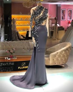 Lüks Boncuklu Mermaid Örgün Abiye Arapça Kadınlar için Sheer Uzun Kollu Ön Bölünmüş Artı Boyutu ASO EBI Stil Balo Pageant Törenlerinde Vestidos De Novia