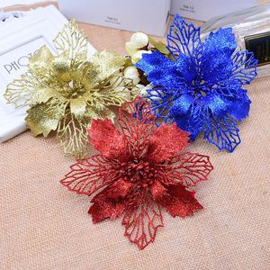 Dekorative Blumenkränze, 5 Stück, 13/16 cm, Weihnachtsblume, glitzernd, künstlicher großer Seidenkopf, gefälschter Baumschmuck, Zuhause 2021, Geschenk