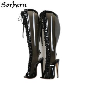 Sorbern 블랙 투명 PVC 부츠 여성 오픈 발 뒤꿈치 Stilettos 오픈 발가락 레이스 업 페티쉬 신발